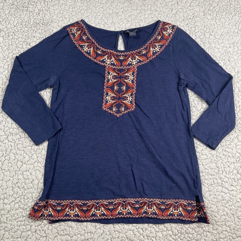 Lucky Brand Embroidered Boho Top Blue Womens M Southwestern Aztec Keyhole